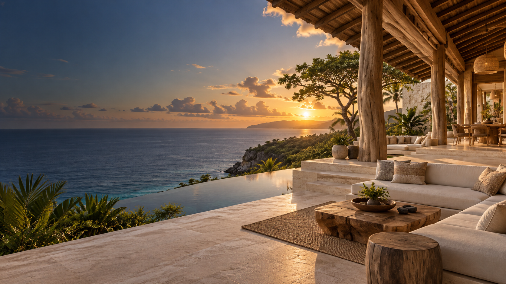 Open-air luxury resort overlooking the ocean at sunset